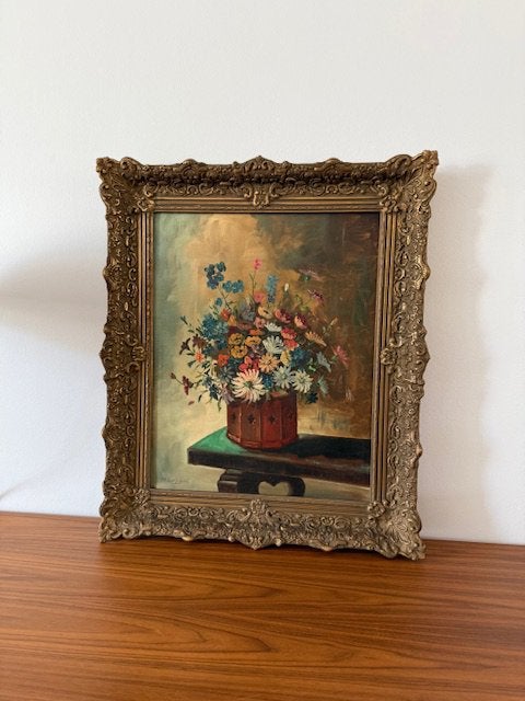 Schilderij, bloemen, stilleven, antiek, brocante, jr 50/60, Ophalen of Verzenden