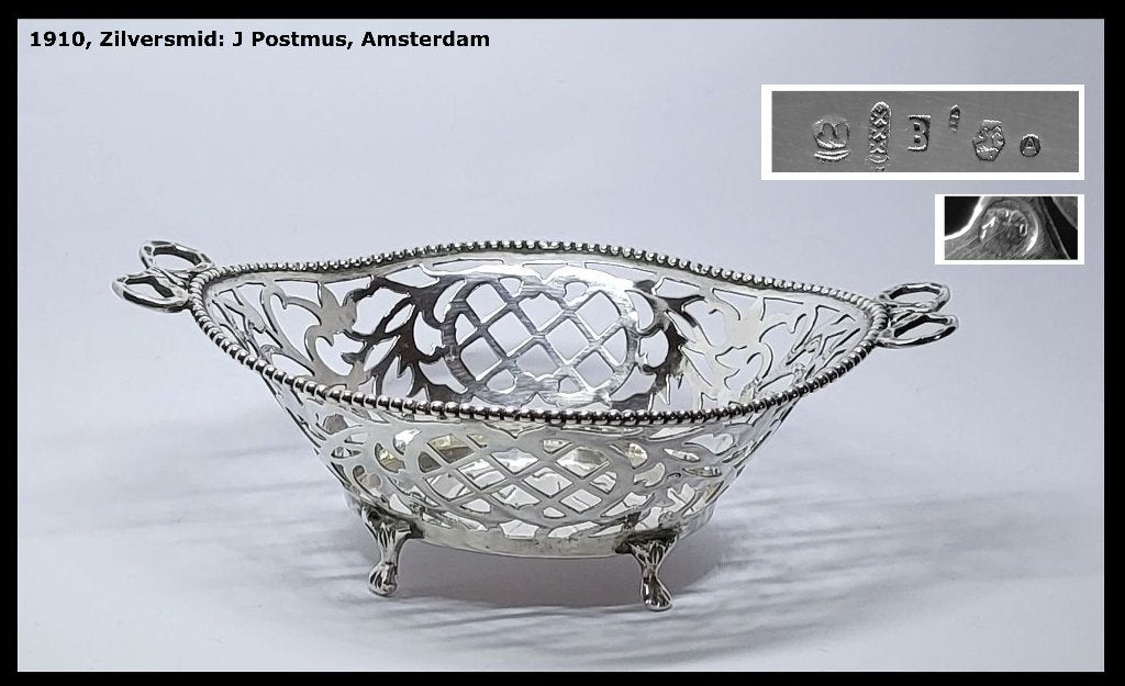 Prachtig Ned Zilveren bonbonmandje 1910 J Postmus, Amsterdam, Ophalen of Verzenden, Zilver