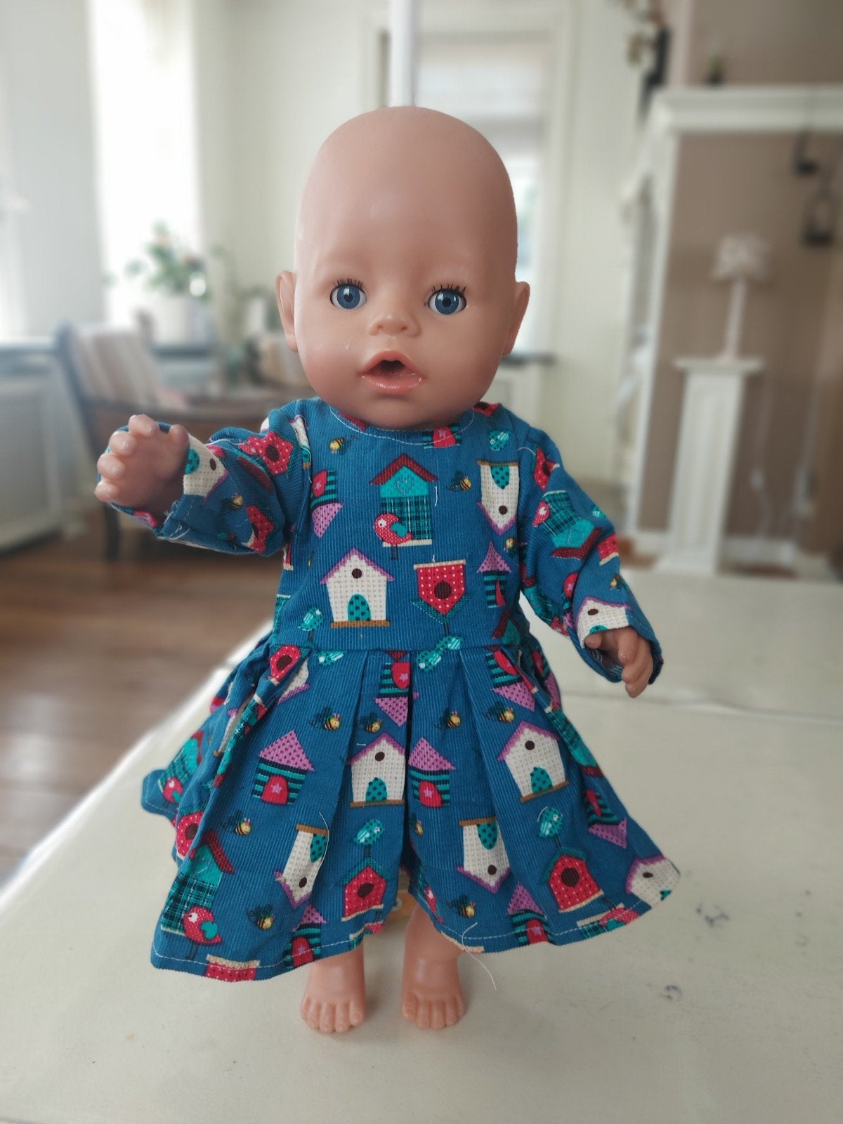 Mooie vogelhuisjes zwierjurk baby born pop 43cm, Ophalen of Verzenden, Nieuw, Babypop