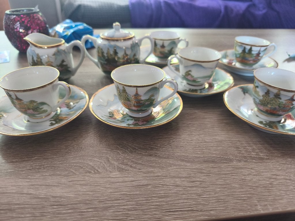 Vintage Japans theeservies met pagode decoratie, Ophalen of Verzenden