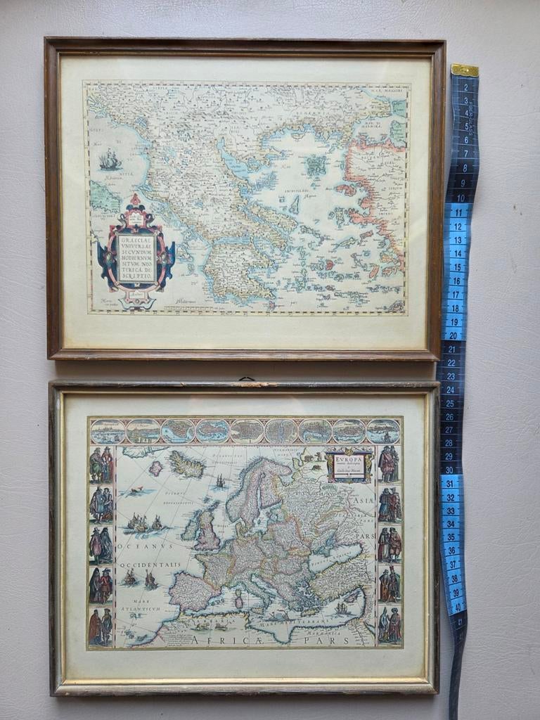 Twee Blaeu kaarten ingelijst: Europa en Griekenland, Ophalen of Verzenden
