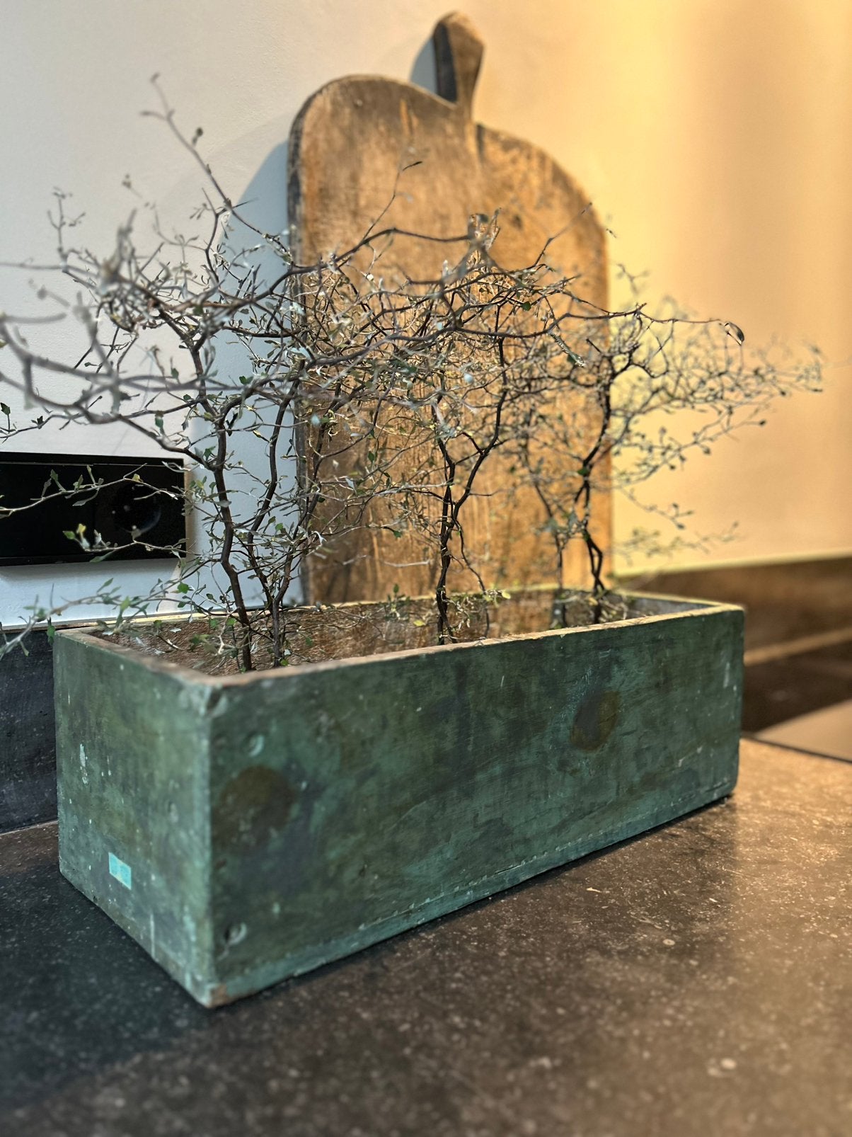 Oude houten brocante sleetse bak groenig imperfect, Antiek en Kunst, Ophalen of Verzenden