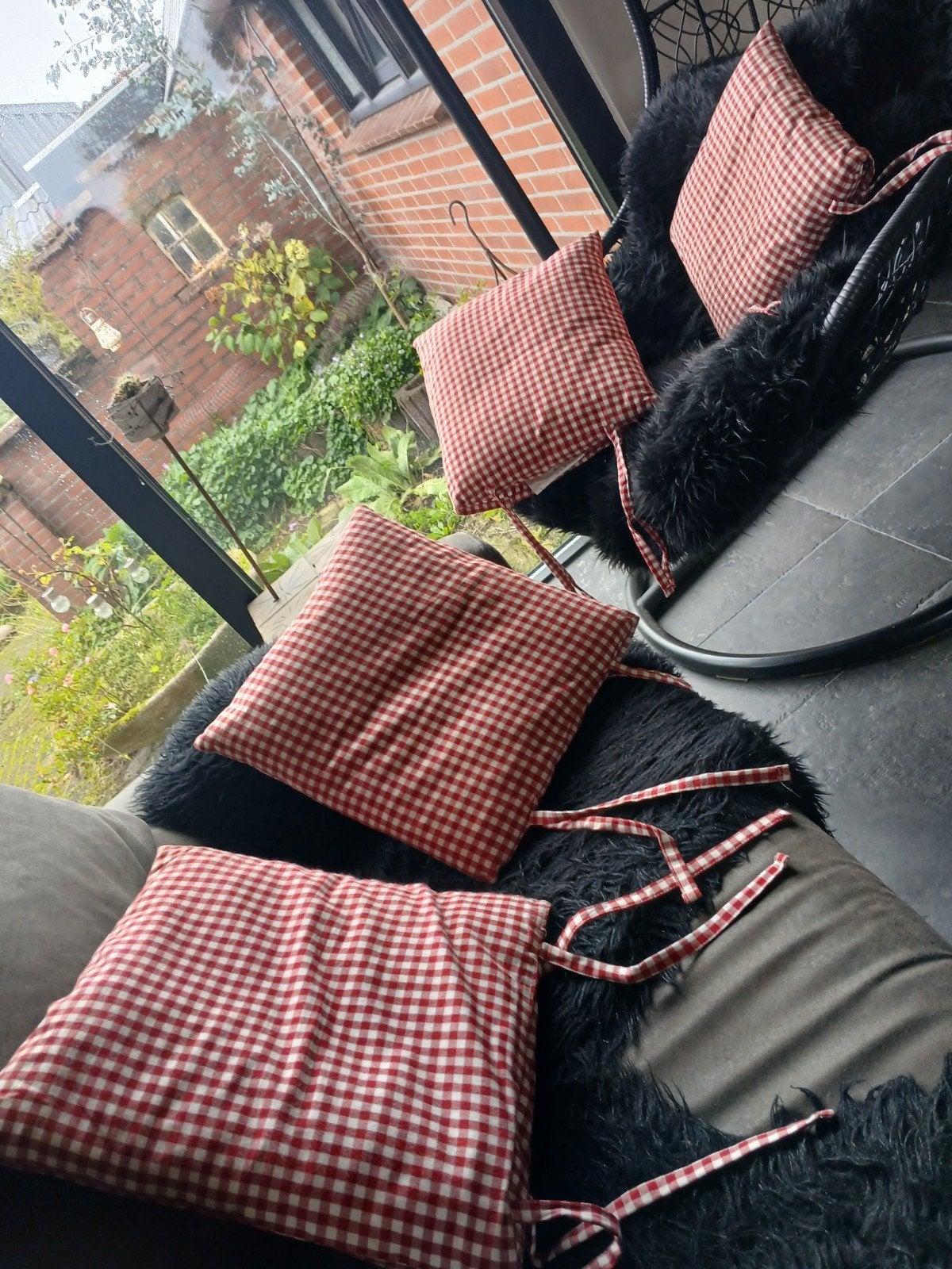 4 rood/wit geblokte brocante jaren 50/60 stoelkussentjess, Ophalen of Verzenden