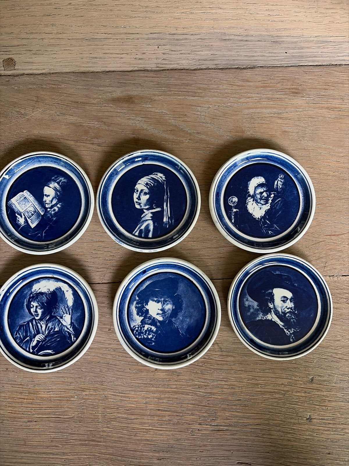 Set van 6 Delftse blauwe onderzetters met Hollandse meesters, Ophalen of Verzenden