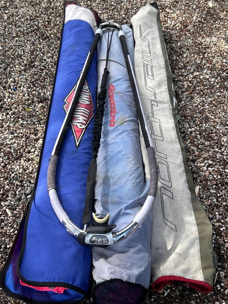X6 Giek 160-220 + diverse zeilen, Watersport en Boten, Windsurfen, Gebruikt, 5 tot 6.5 m², Met draagtas, Complete set