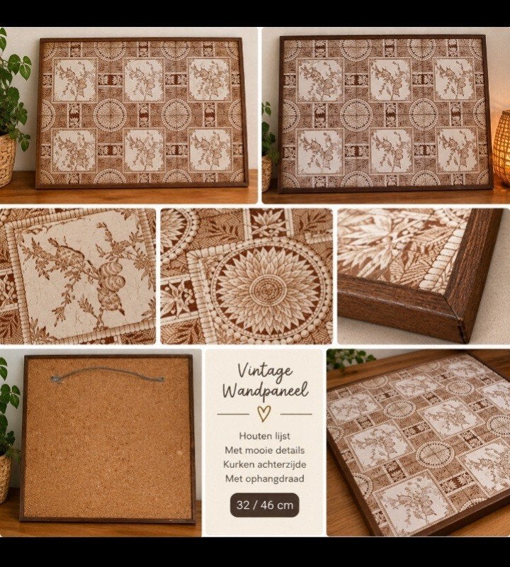 Vintage Wandpaneel met Houten Lijst en Kurken Achterzijde, Gebruikt, Ophalen of Verzenden, Bruin, Vintage
