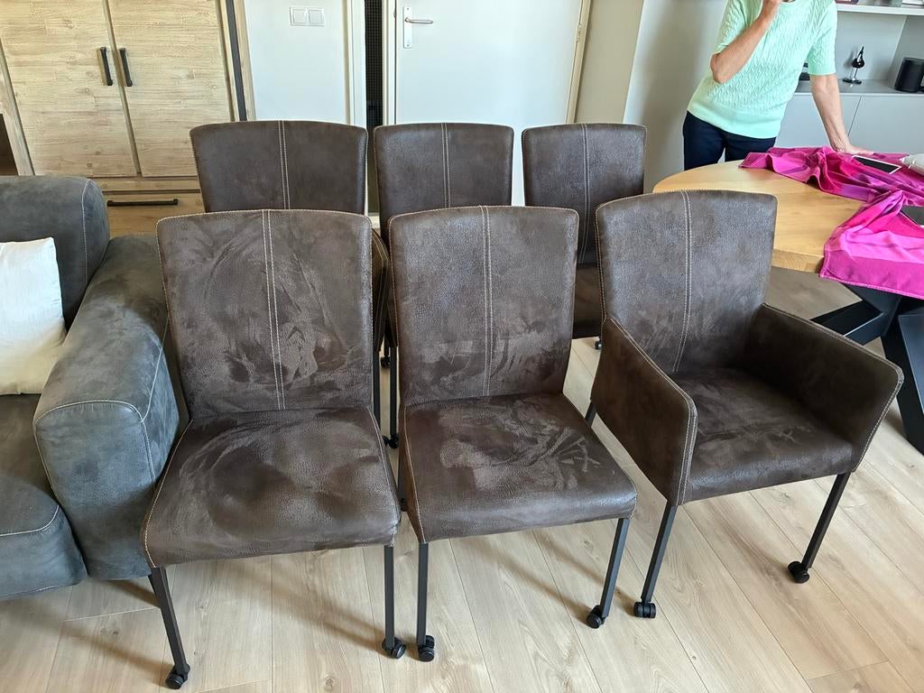 Tweezitsbank, fauteuils en 6 nubuck stoelen (2 met leuning), Gebruikt, Tweepersoons, Ophalen of Verzenden, Leer