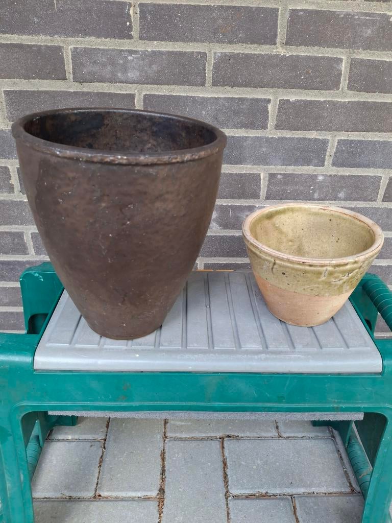 2 bloempotten koper kleurig en groen/beige, Tuin en Terras, Bloempotten, Ophalen, Rond, Binnen, Aardewerk