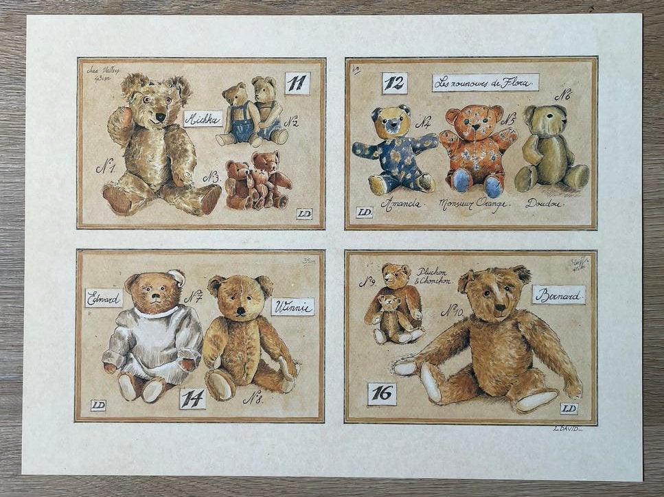 Mooie vintage prent met teddyberen – L. David (4 kaarten), Ophalen of Verzenden, Zo goed als nieuw, Overige thema's, Overige typen