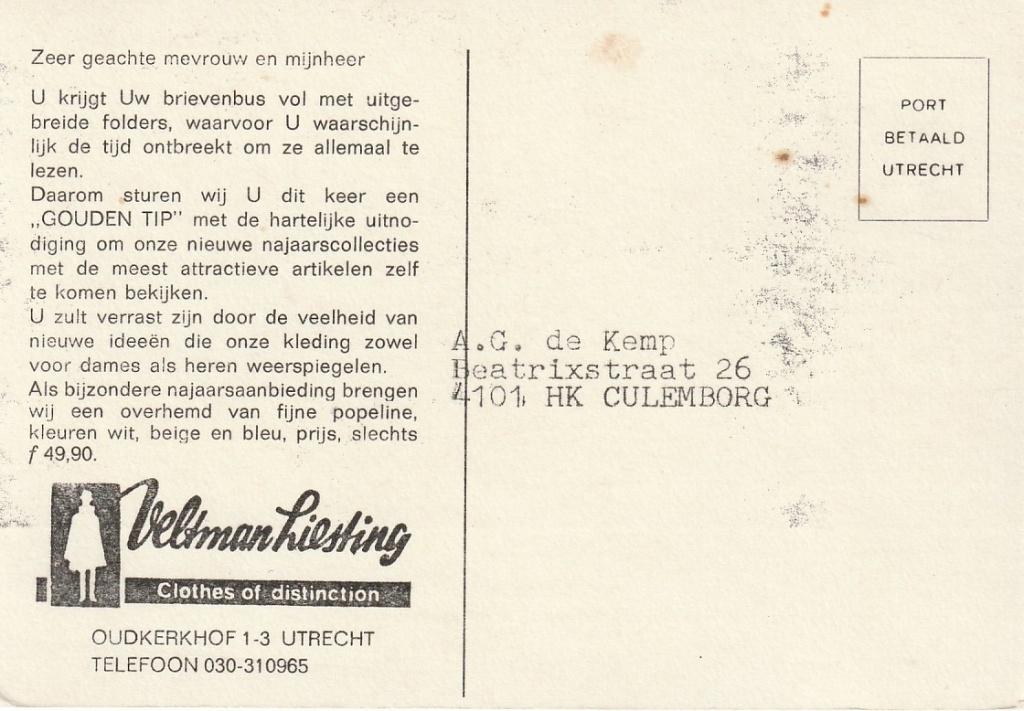 RECLAME VELTMAN LIESTING UTRECHT JAREN 70  MOOIE KAART KN324, Ophalen of Verzenden, 1960 tot 1980, Gelopen, Overige thema's