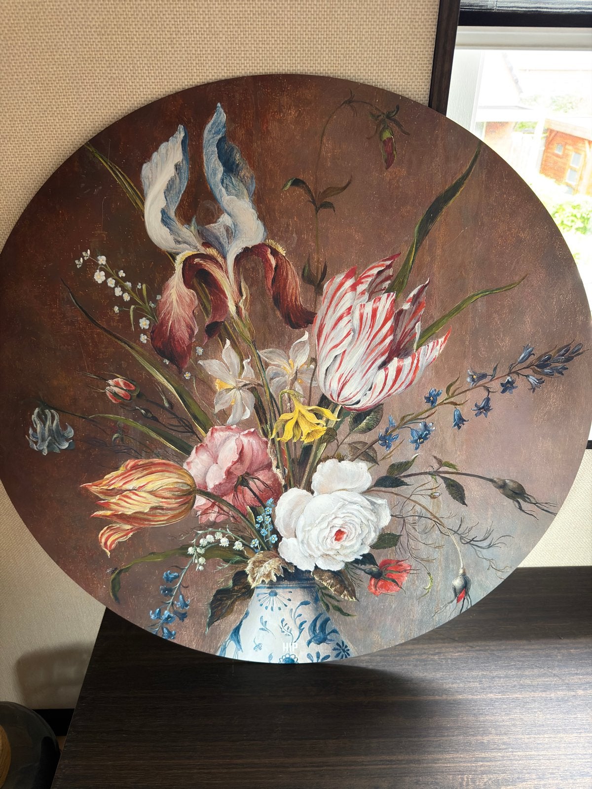 HIP orgnl Rond schilderij met bloemenstilleven op paneel, Bloemen, Paneel, Ophalen of Verzenden, Handgeschilderd