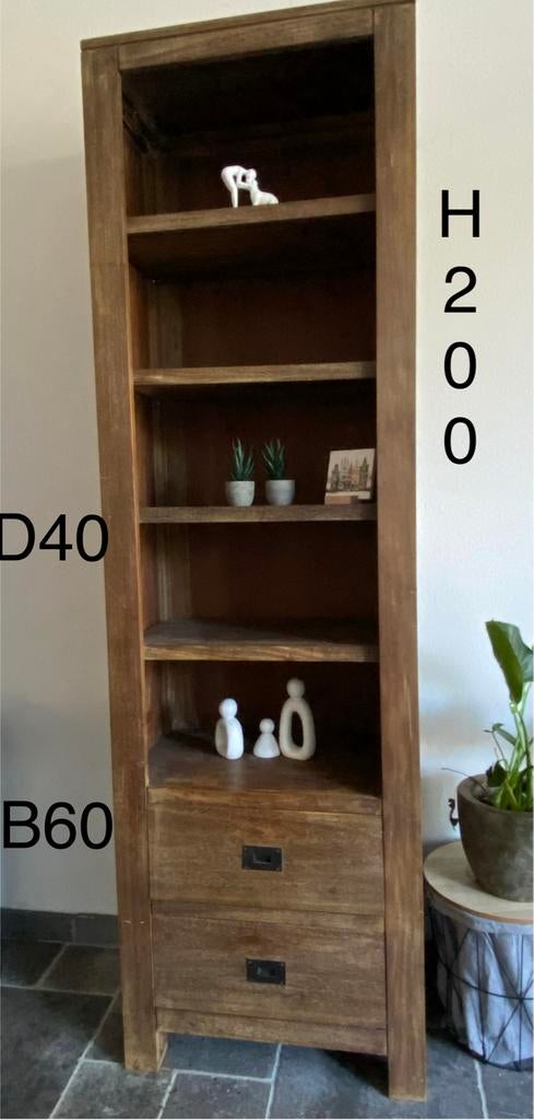 Massief houten boekenkast met lades - H200 B60 D40, Ophalen, 200 cm of meer, 50 tot 100 cm, Zo goed als nieuw