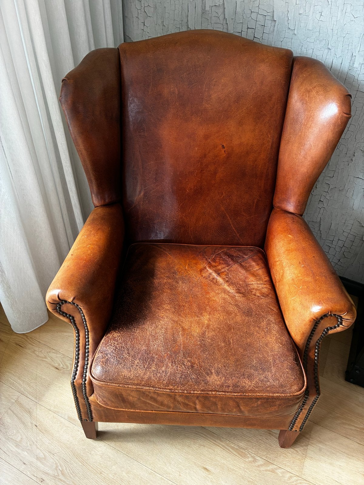 Klassieke Engelse Oorfauteuil, Ophalen, Gebruikt, 75 tot 100 cm, Leer