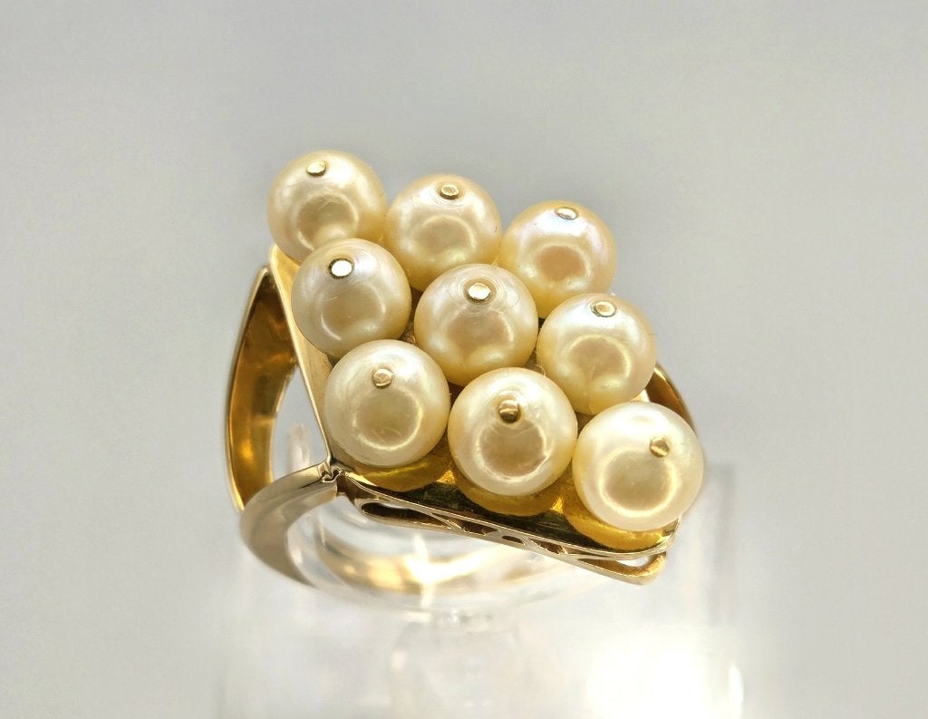 Gouden Vintage cocktailring met parel. 2026/349, Sieraden, Tassen en Uiterlijk, Antieke sieraden, Ophalen of Verzenden, Goud, Ring