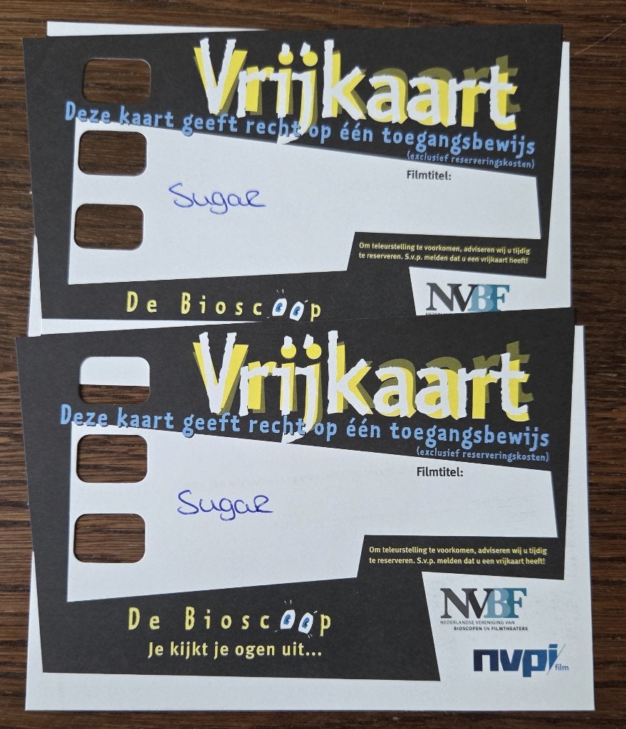 2 bioscoopkaarten Sugar, Tickets en Kaartjes, Twee personen, Vrijkaartje specifieke film
