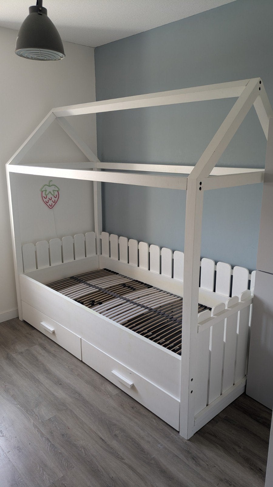 Maatwerk hardhouten bed met lades en zijplank (90x200cm), Ophalen, Gebruikt, 180 cm of meer, 100 cm of meer