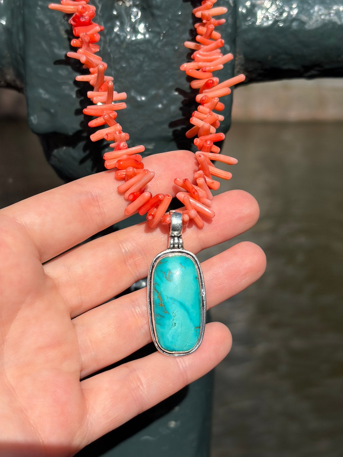 Bamboo Coral Necklace with Turquoise, Ophalen of Verzenden, Nieuw, Zilver