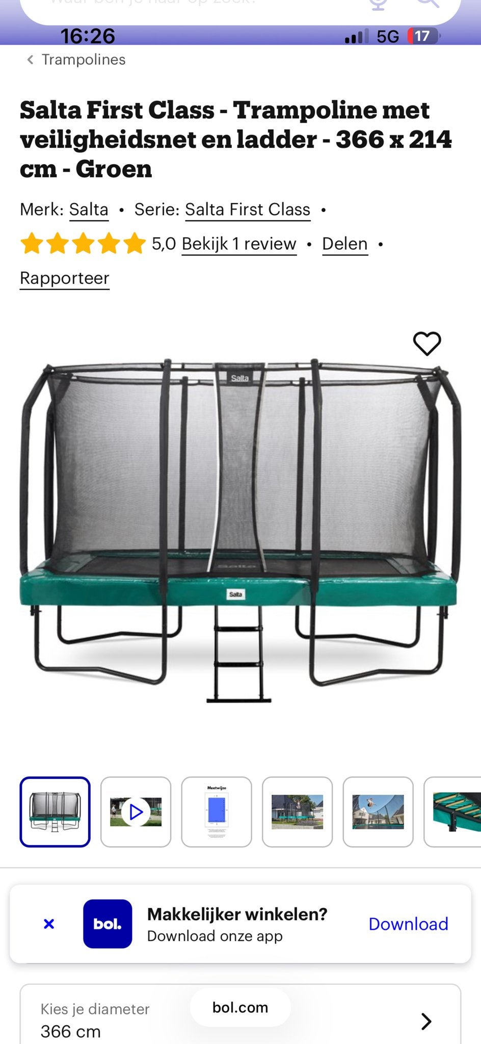 Salta First Class Trampoline met veiligheidsnet en ladder, Ophalen, Gebruikt