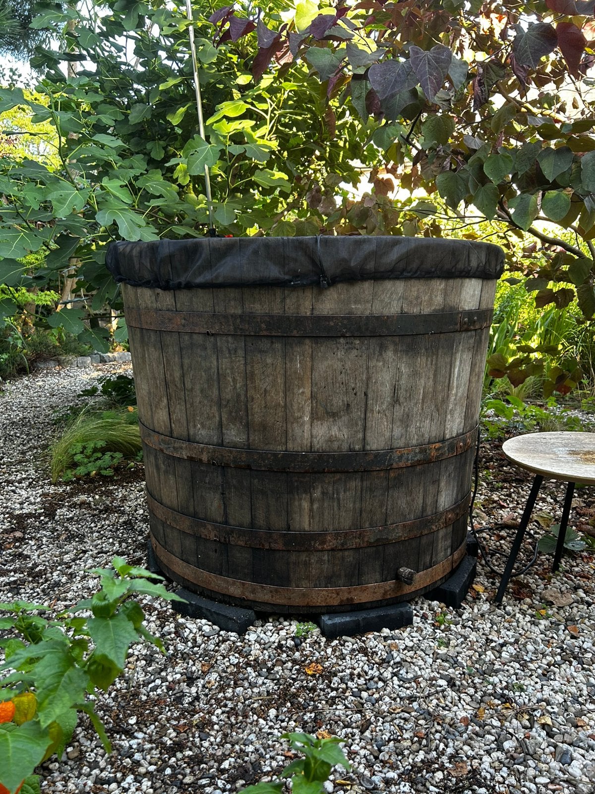 Eiken (dompel) bad met deksel, Tuin en Terras, 150 liter of meer, Ophalen, Gebruikt, Hout