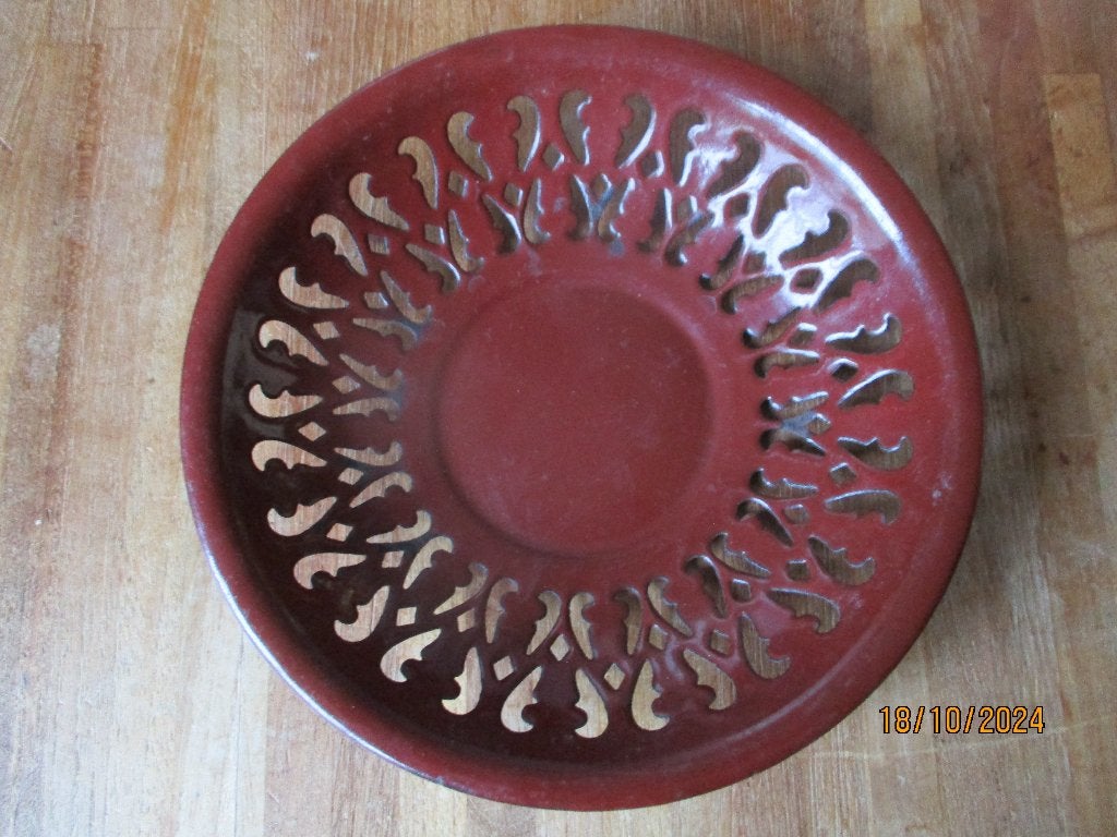 Emaille  schaal bruin retro opengewerkt metaal fruitschaal, Ophalen of Verzenden