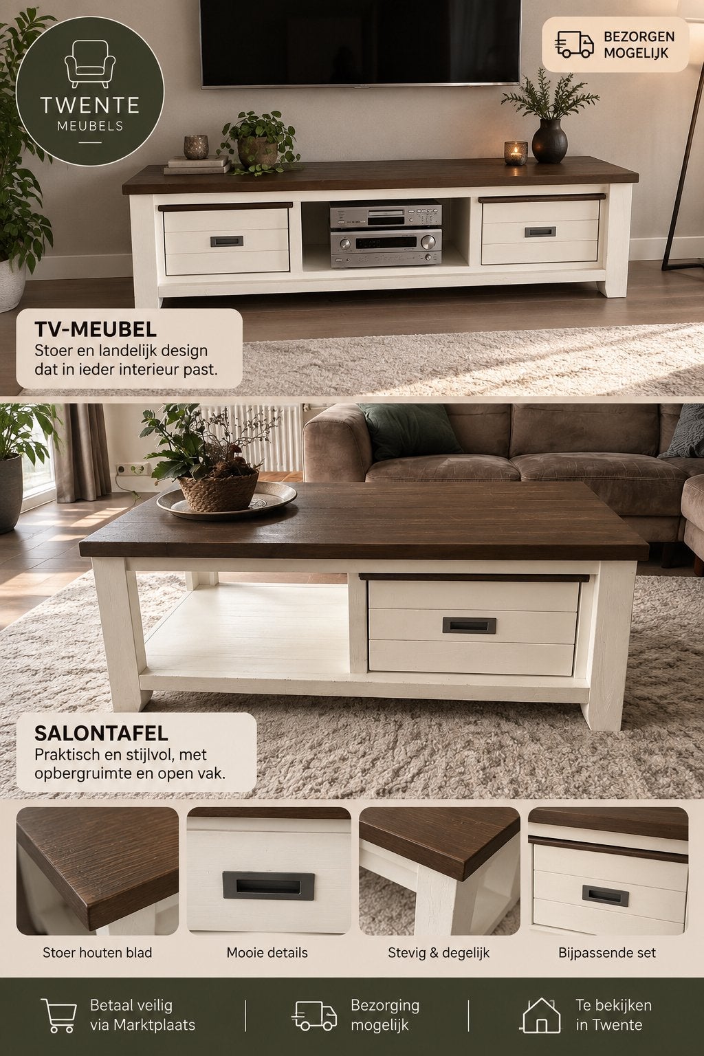 Complete landelijke set – TV-meubel + salontafel H&H, Ophalen of Verzenden