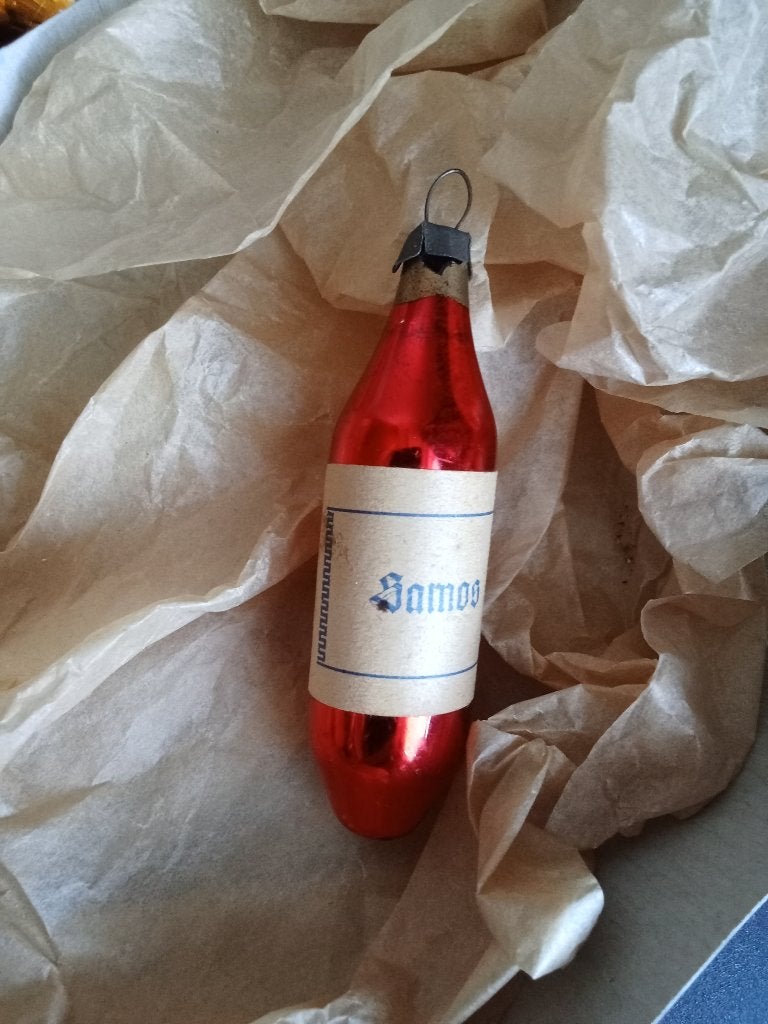 leuke oude glazen kerstbal model drankfles SAMOS, Diversen, Kerst, Gebruikt, Ophalen of Verzenden