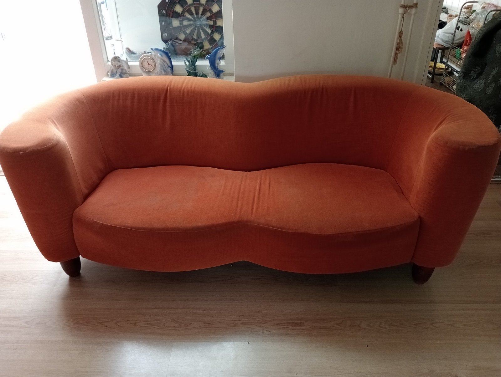 Oranje bank met poef - Gebruikt, Ophalen, Gebruikt, Tweepersoons, 75 tot 100 cm