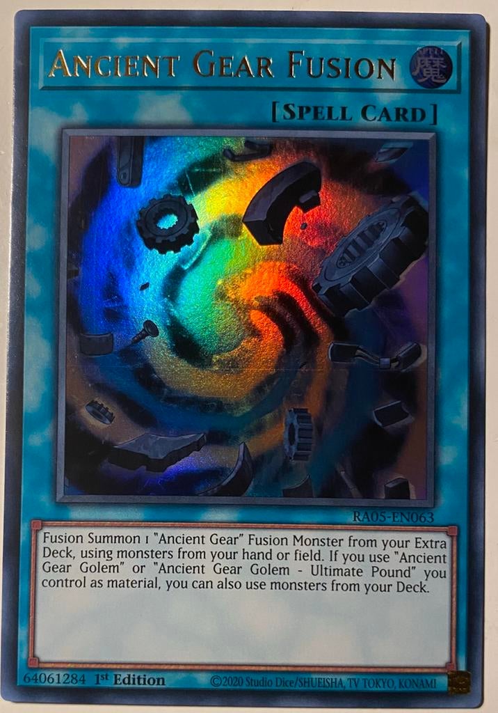 Yu-Gi-Oh! Ancient Gear Fusion RA05 Printlijn Misprint !, Ophalen of Verzenden, Zo goed als nieuw, Losse kaart, Foil