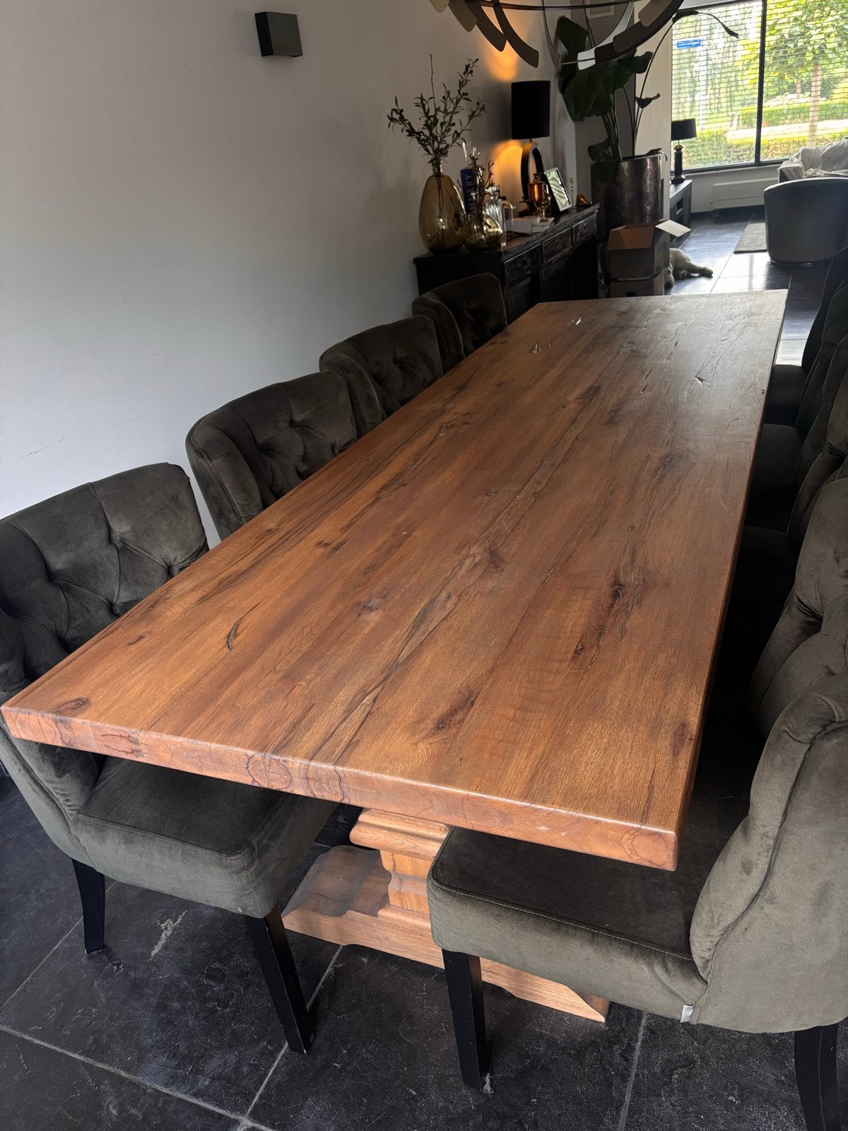 Eiken kloostertafel met 8 velvet stoelen en tv-meubel, Huis en Inrichting, Ophalen, Eikenhout, 200 cm of meer, 50 tot 100 cm