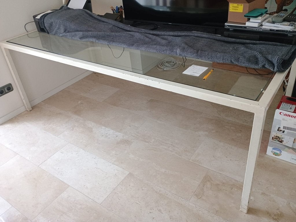 Tafel Metalen frame met glasplaat gepoedercoat, Ophalen, Gebruikt, 200 cm of meer, 50 tot 100 cm