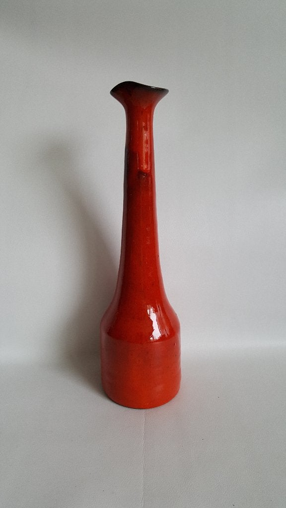 Hoge slanke retro vaas oranje rood gemêleerd aparte hals, Ophalen, Zo goed als nieuw, Oranje, Steen/keramiek