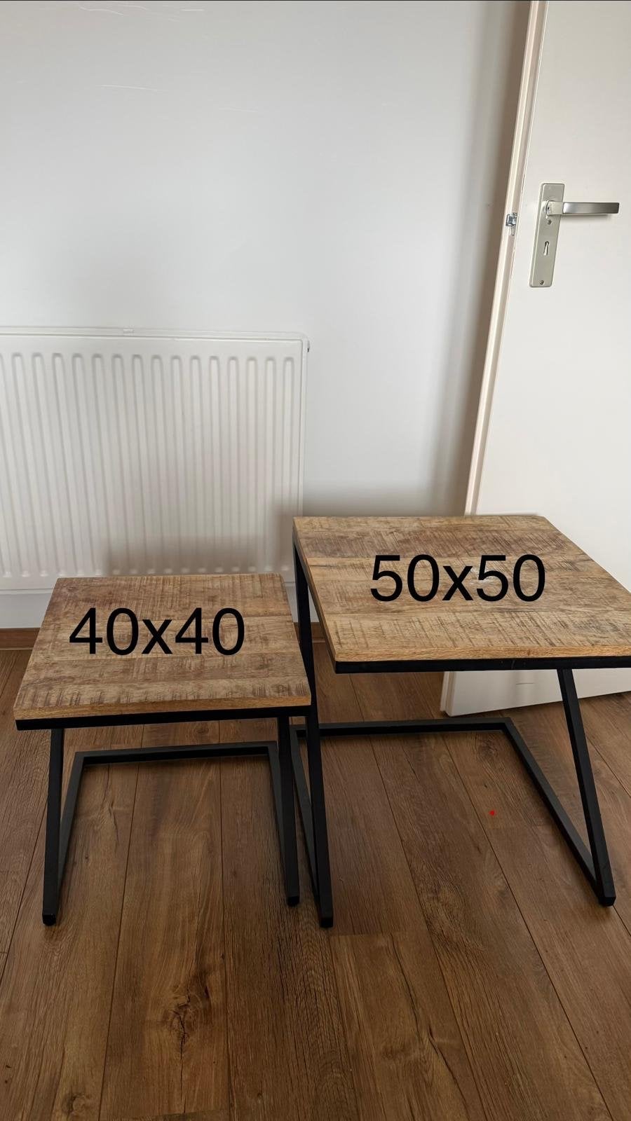 Set van 2 industriële bijzettafels - 40x40 en 50x50, Ophalen, Minder dan 50 cm, Vierkant, Zo goed als nieuw