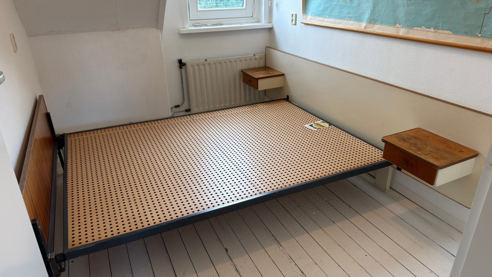Vintage tweepersoonsbed zwevende nachtkastjes (jaren 60), Huis en Inrichting, Slaapkamer | Bedden, Ophalen, Gebruikt, Vintage jaren 60 | Mid Century | Scandinavisch design