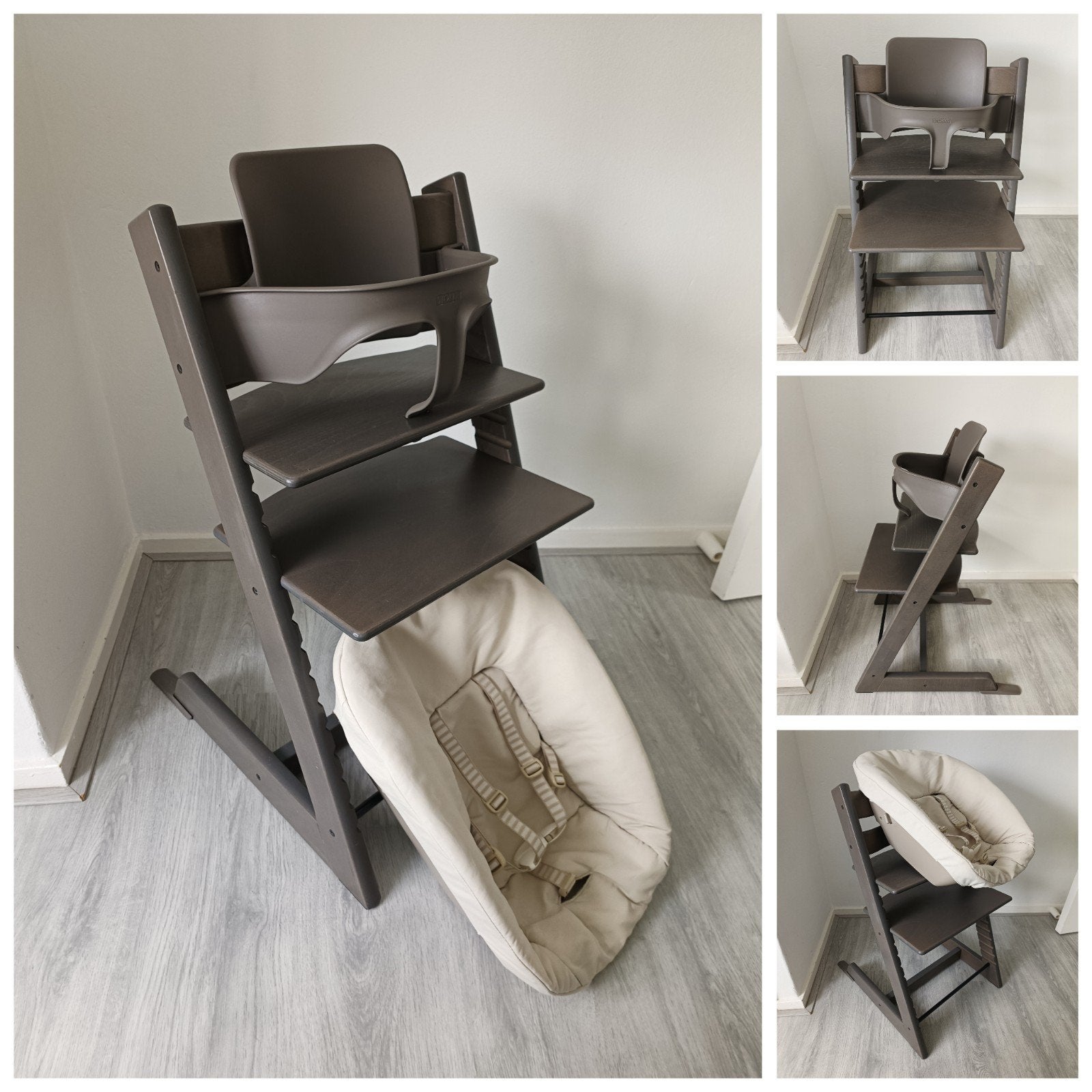 ZGAN! Stokke Tripp Trapp hazy grey+babyset en newbornset, Meegroeistoel, Ophalen of Verzenden, Zo goed als nieuw, X