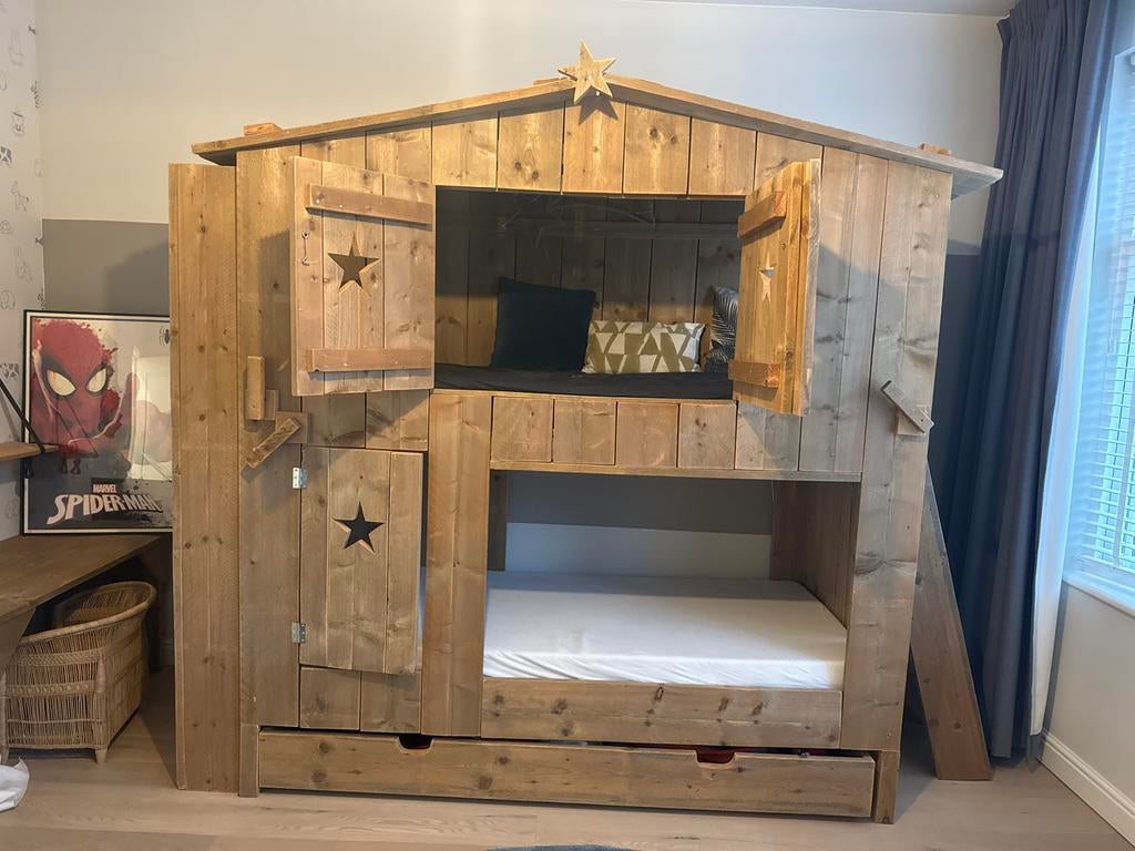 Boomhut stapelbed steigerhout, Ophalen, Gebruikt, 90 cm, Tweepersoons