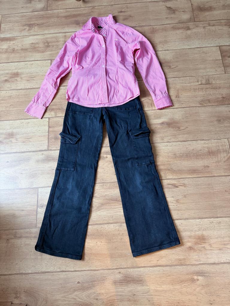 Setje kleding: Roze geruit overhemd en zwarte cargobroek, Ophalen of Verzenden, Zo goed als nieuw, Maat 164