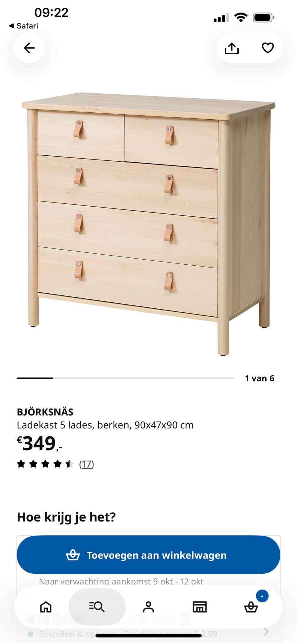 IKEA BJÖRKSNÄS Ladekast 5 laden, berkenhout, Ophalen, 5 laden of meer, 50 tot 100 cm, Zo goed als nieuw