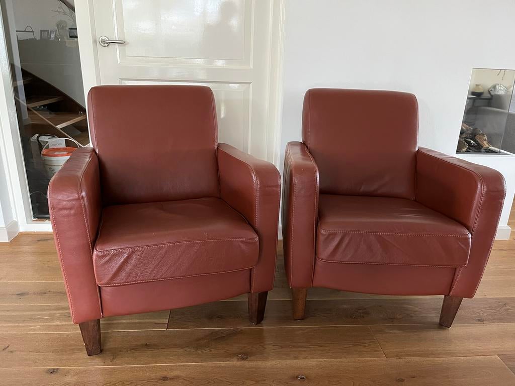 Bruine leren stoelen - set van twee, Huis en Inrichting, Fauteuils, Gebruikt, Leer, 50 tot 75 cm, Minder dan 75 cm, Ophalen