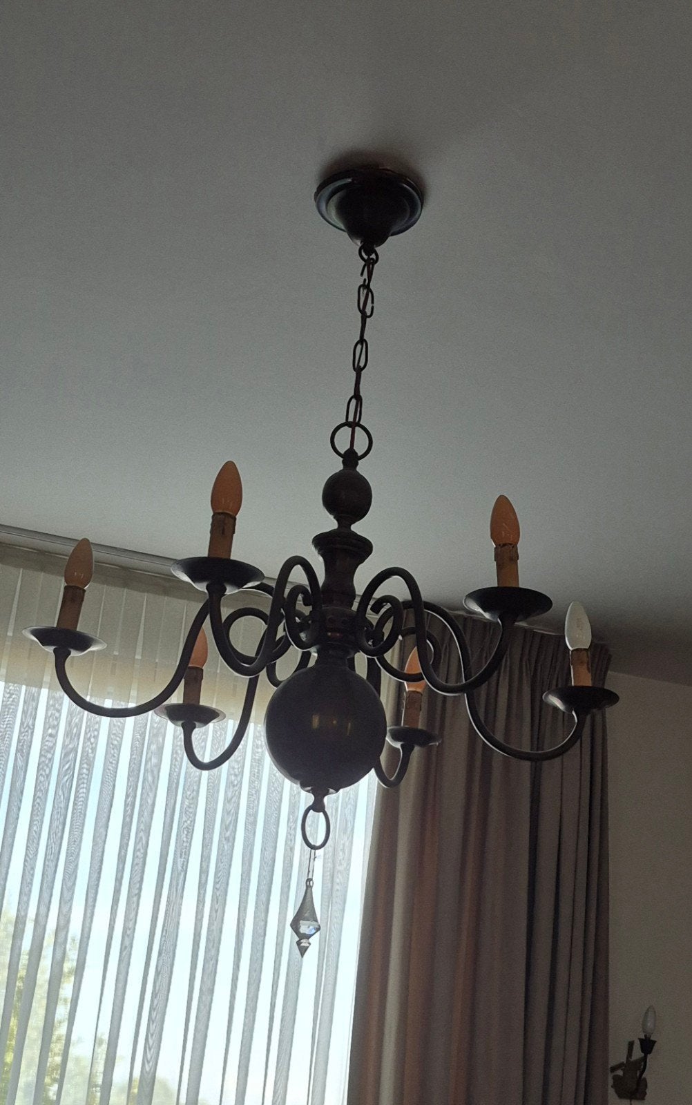 Klassieke koperen  kroonluchter met 6 armen, Huis en Inrichting, Lampen | Kroonluchters, Ophalen, Gebruikt, Klassiek, E14 (klein)