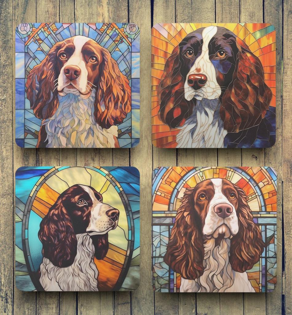 Engelse Springer Spaniël Glas in Lood onderzetters + houder, Ophalen of Verzenden, Nieuw, Glas of Kopje