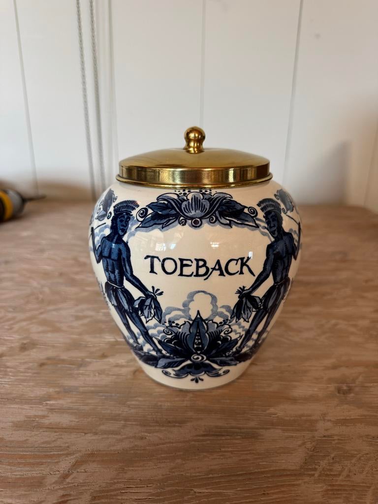 Antieke Delfts Blauwe Tabakspot met Messing Deksel, Antiek en Kunst, Ophalen