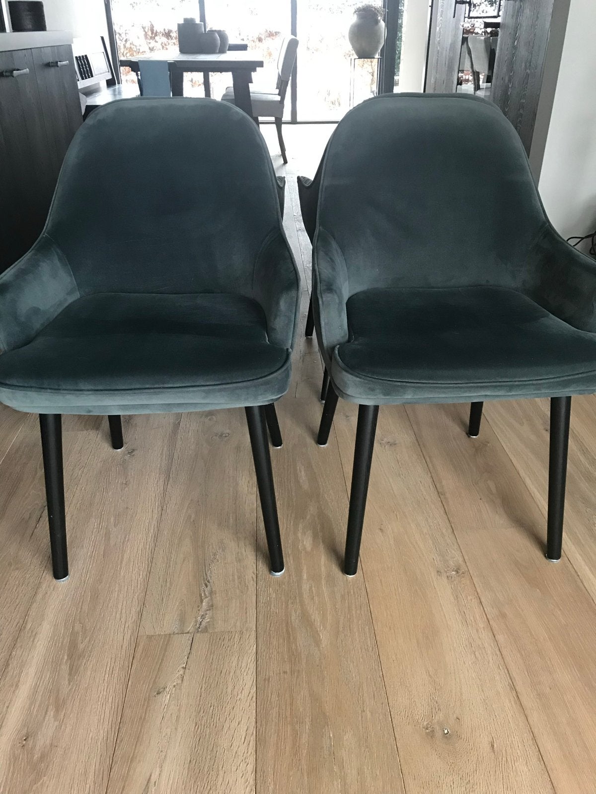 Set van 4 fluwelen eetkamerstoelen - Groen, Huis en Inrichting, Stoelen, Ophalen, Gebruikt, Overige kleuren, Vier
