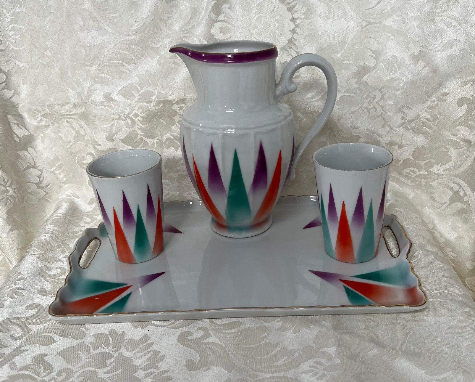 Art deco set van Victoria China, kan 2 bekers en dienblad, Ophalen of Verzenden