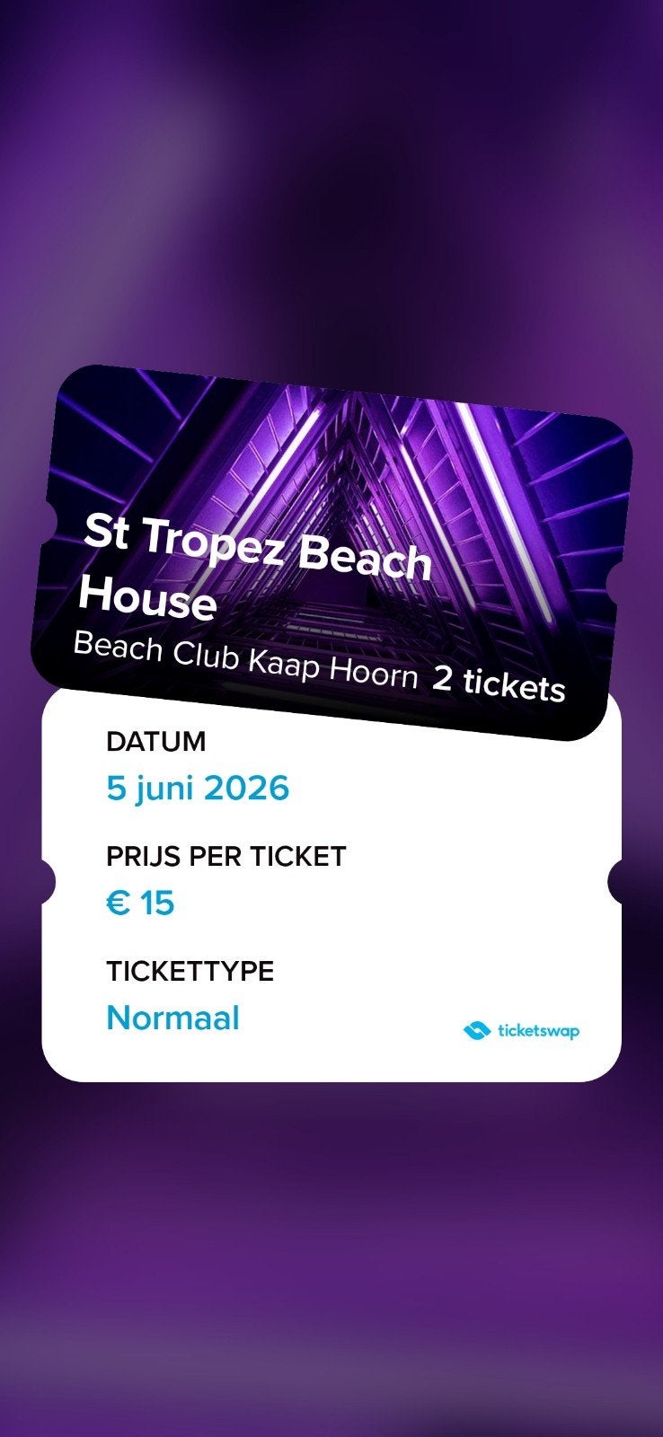 2 tickets Feestje Kaap Hoorn 5 juni Beachhouse, Twee personen