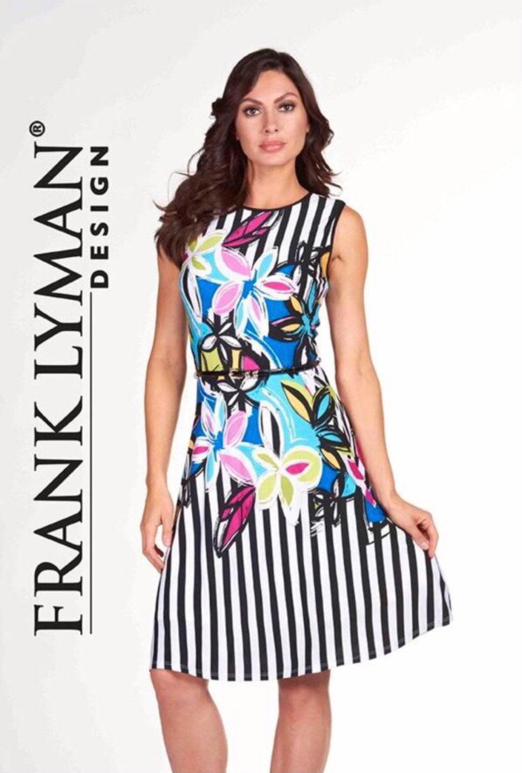 Frank Lyman zomerse jurk zwart wit streep met print maat 42, Maat 42/44 (L), Nieuw, Onder de knie, Meerkleurig