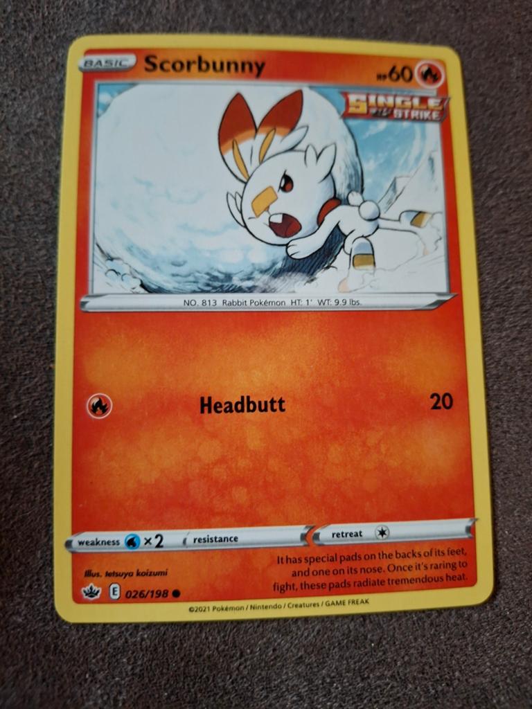 Pokemon Kaart Scorbunny 026/198 - Single Strike, Ophalen of Verzenden, Zo goed als nieuw, Losse kaart