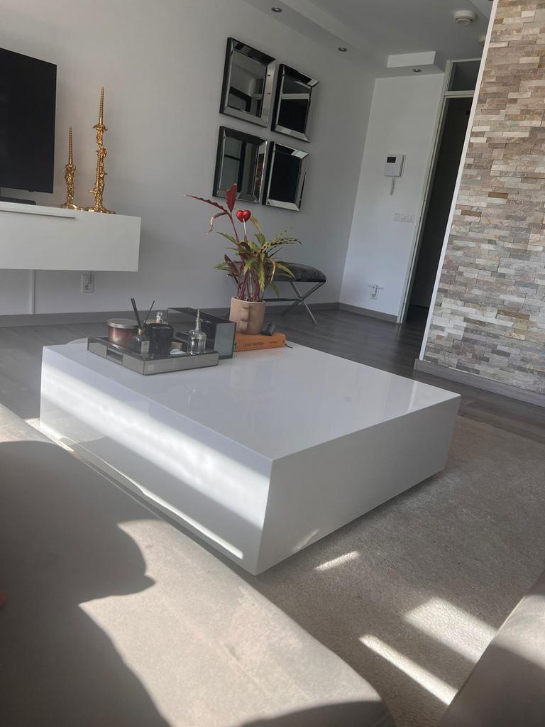 Witte hoogglans salon bloktafel, Ophalen, Overige materialen, Gebruikt, 100 tot 150 cm
