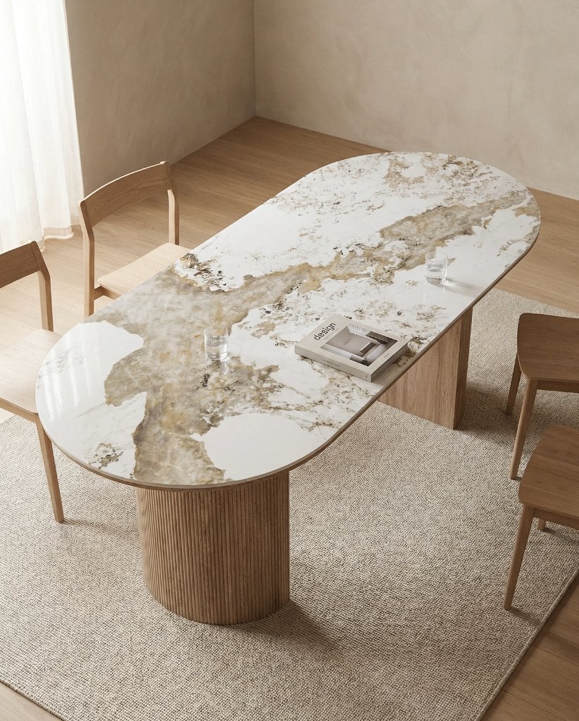 Japandi Eettafel Keramisch Wit/Walnootbruin – 100x210x76 cm, Huis en Inrichting, Japandi, Overige materialen, Vijf personen of meer