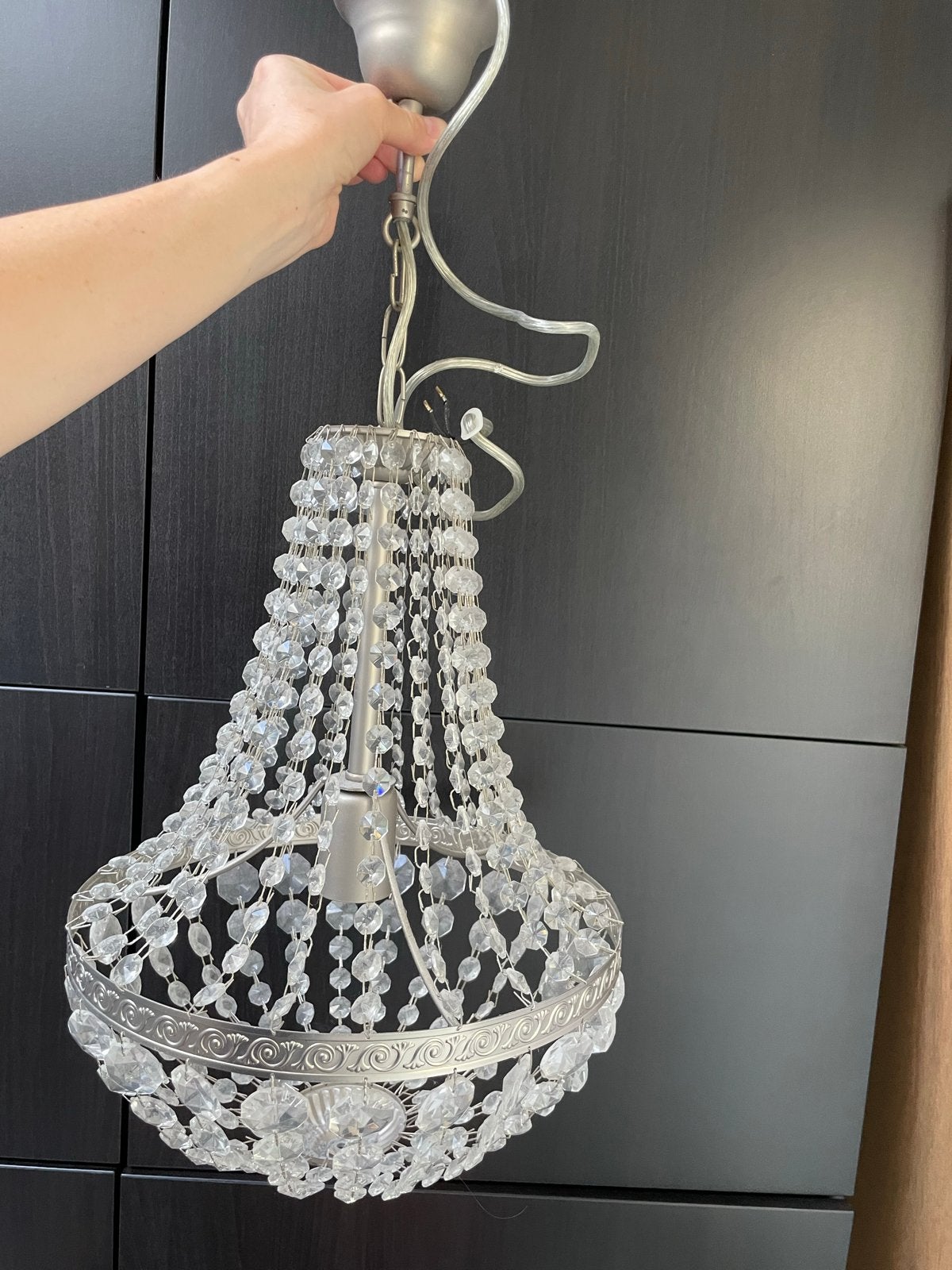 Elegante kroonluchter met kristallen kralen, Ophalen, Gebruikt, Glas, E27 (groot)