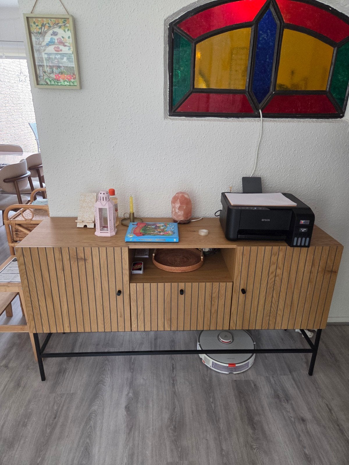 Leen Bakker stijlvol dressoir/kast met lattenfront &open vak, Modern, Scandinavisch, 150 tot 200 cm, 25 tot 50 cm, Ophalen